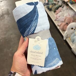 Cloud Island Navy and Light Blue Whale Muslin Blanket